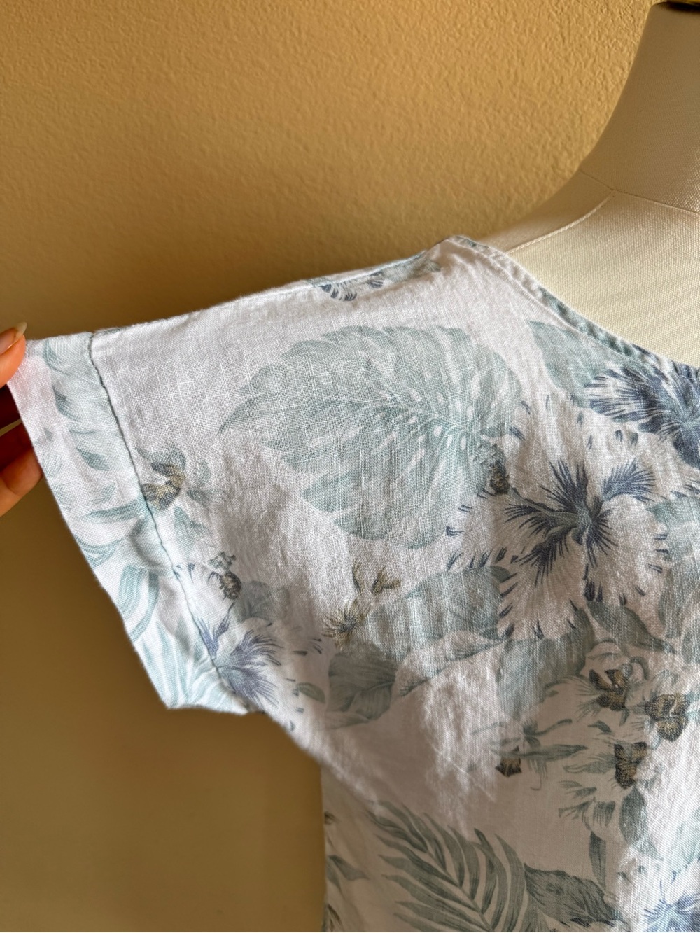 Terzo Millennio Linen Shirt Size M Green Floral Italy Button Detail Short Sleeve - Picture 4 of 13